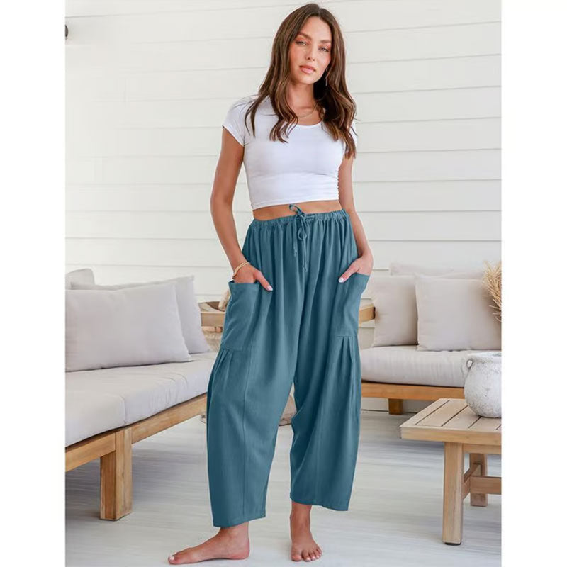 Damen-Leinenhose mit weitem Bein und Taschen