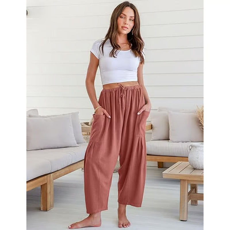 Damen-Leinenhose mit weitem Bein und Taschen