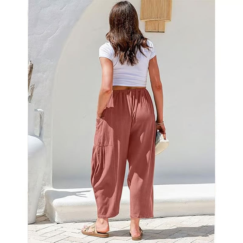Damen-Leinenhose mit weitem Bein und Taschen