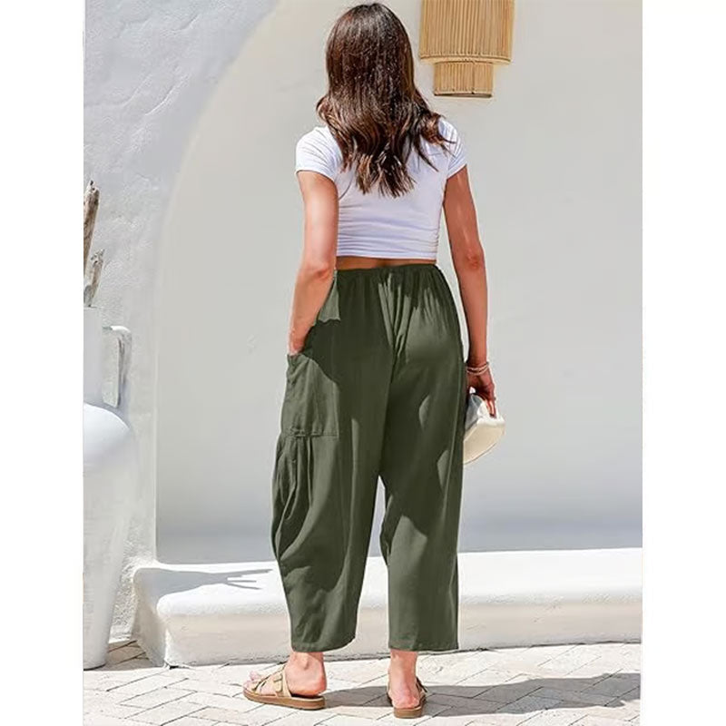 Damen-Leinenhose mit weitem Bein und Taschen