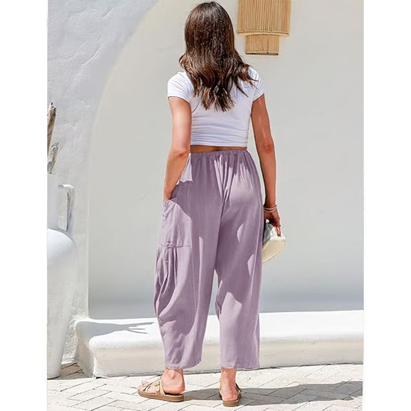 Damen-Leinenhose mit weitem Bein und Taschen