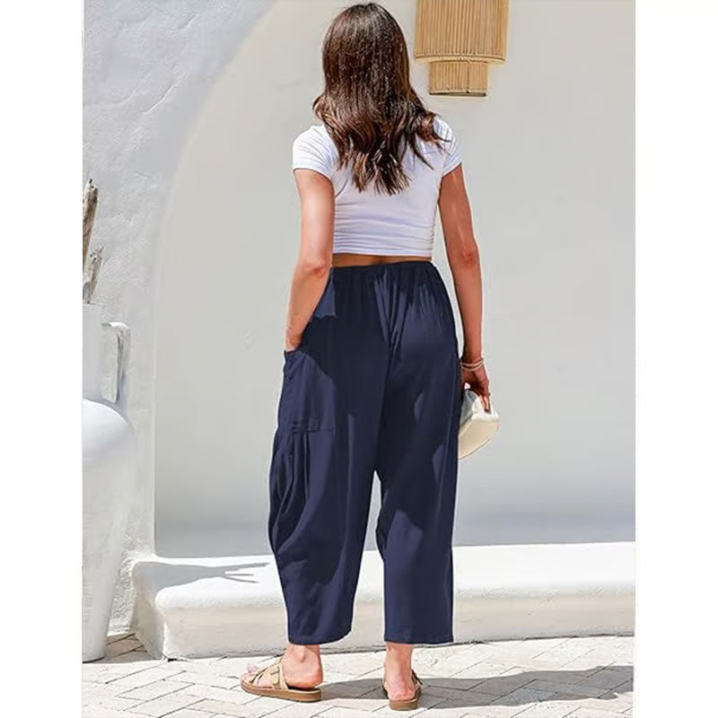 Damen-Leinenhose mit weitem Bein und Taschen