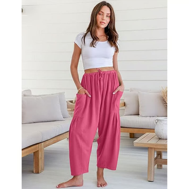 Damen-Leinenhose mit weitem Bein und Taschen