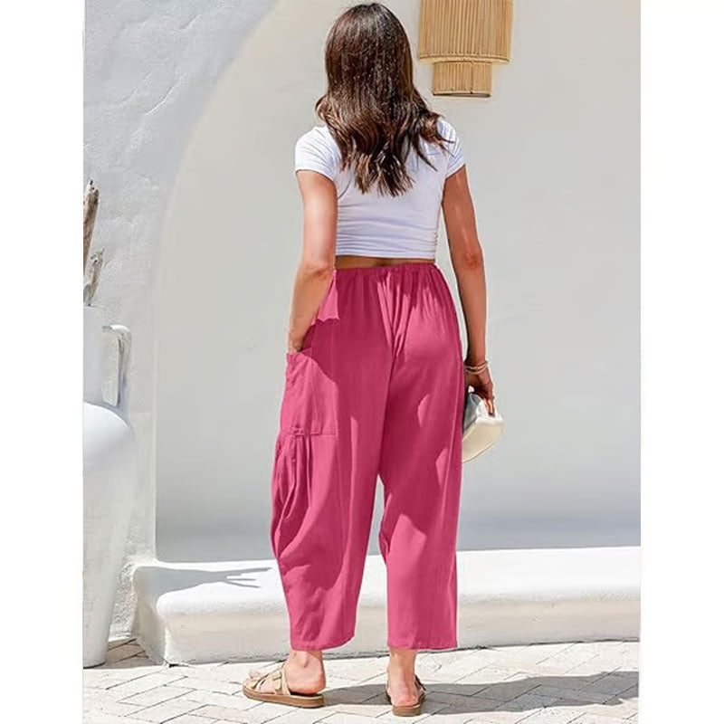 Damen-Leinenhose mit weitem Bein und Taschen