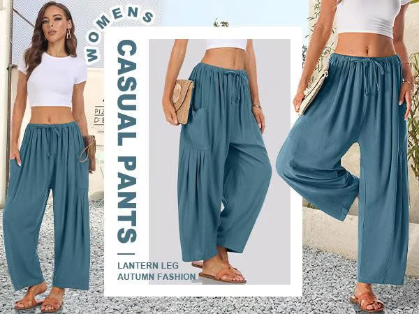 Damen-Leinenhose mit weitem Bein und Taschen