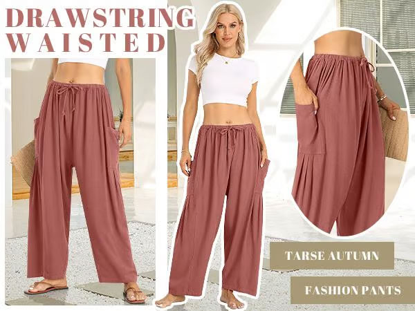 Damen-Leinenhose mit weitem Bein und Taschen