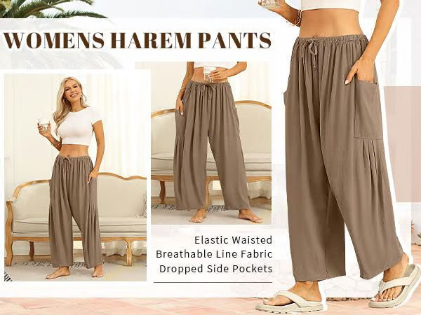 Damen-Leinenhose mit weitem Bein und Taschen