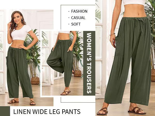 Damen-Leinenhose mit weitem Bein und Taschen