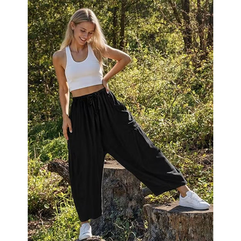Damen-Leinenhose mit weitem Bein und Taschen