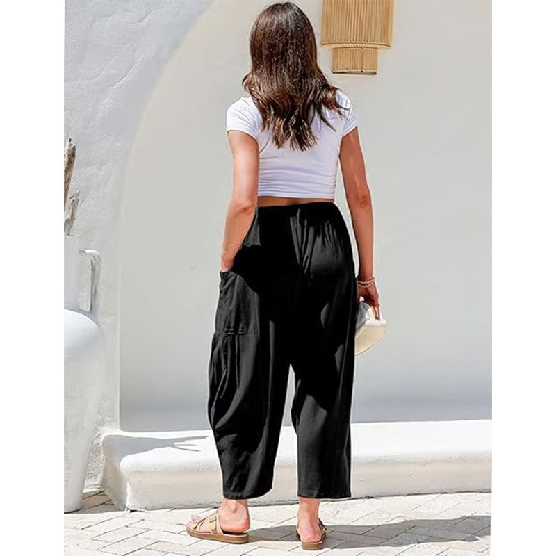 Damen-Leinenhose mit weitem Bein und Taschen