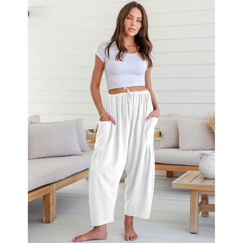Damen-Leinenhose mit weitem Bein und Taschen