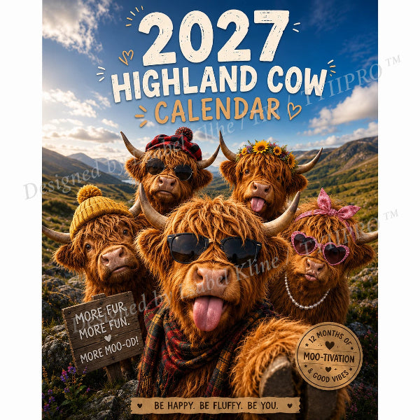 2027 Lustiger Wandkalender mit Hochlandkühen im A4-Format
