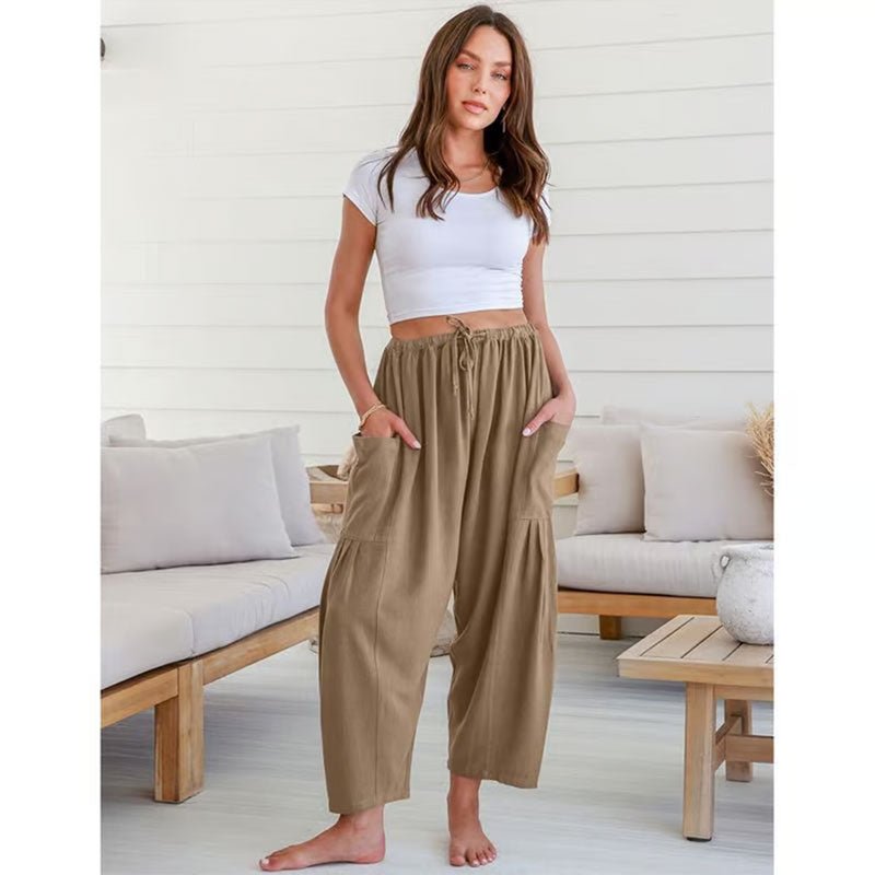 Damen-Leinenhose mit weitem Bein und Taschen