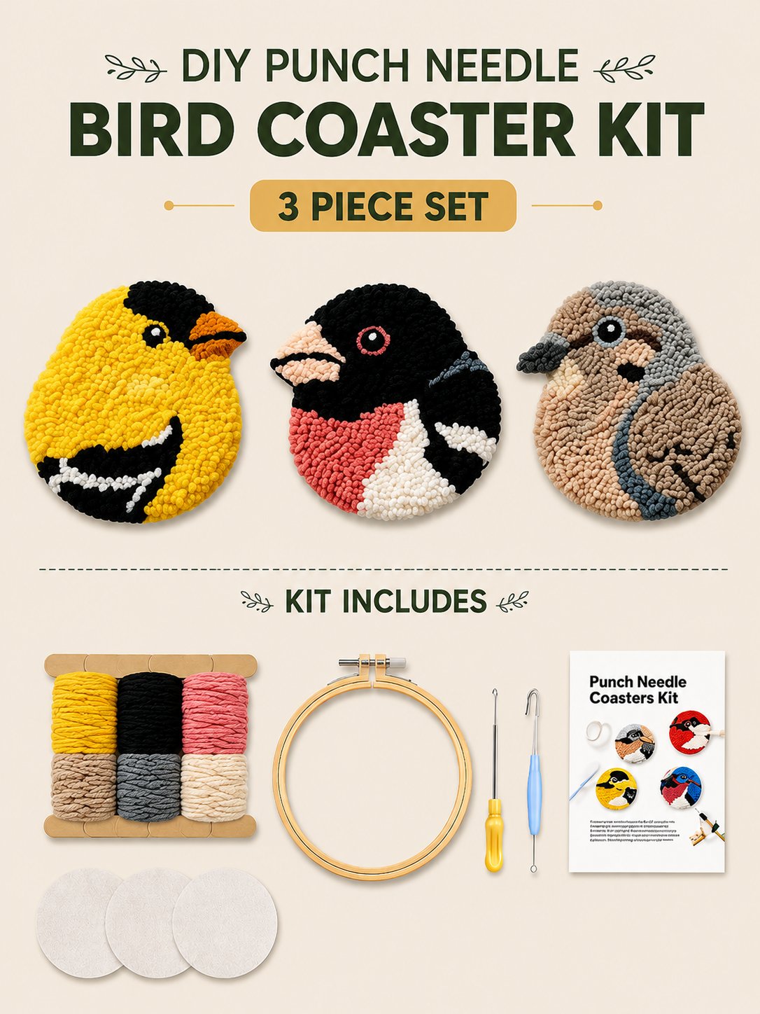 🧵Anfängerfreundlich🐦DIY-Set für Vogel-Untersetzer mit Punch-Needle-Technik