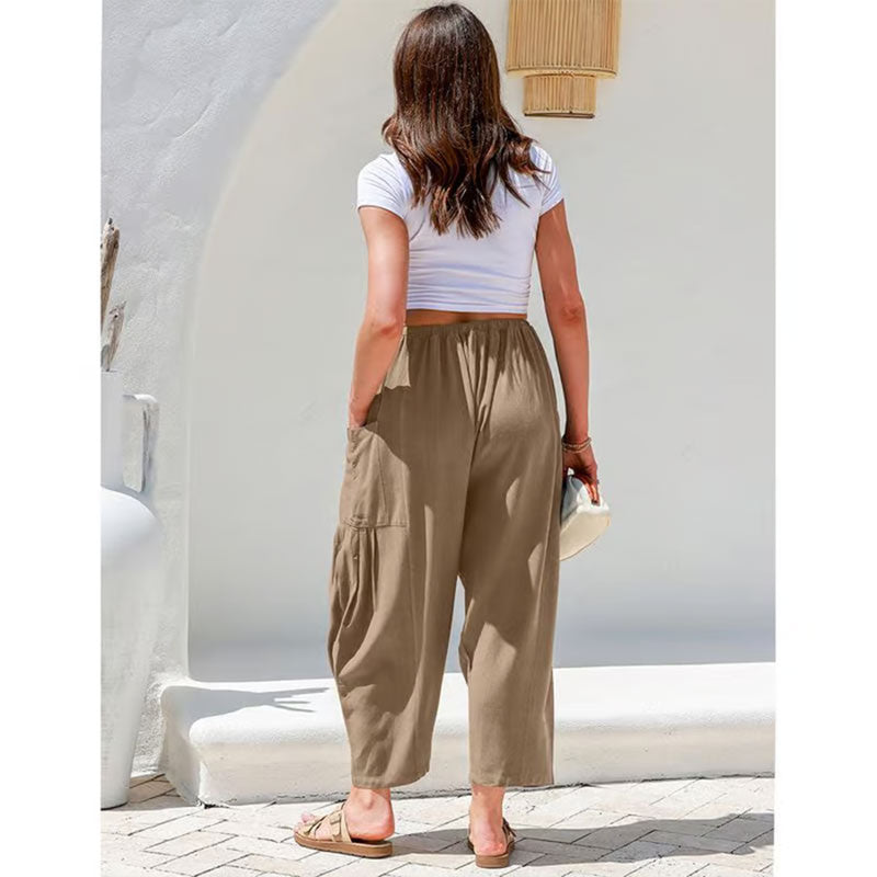 Damen-Leinenhose mit weitem Bein und Taschen