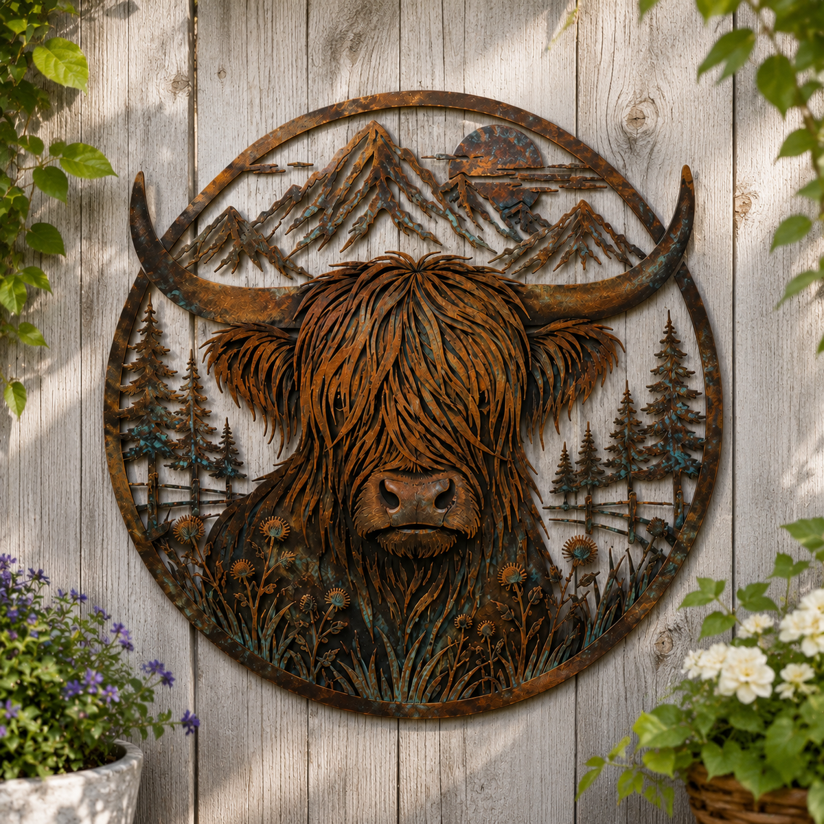 🐂Metallwandbild „Highland-Kuh in den Bergen“🏔️