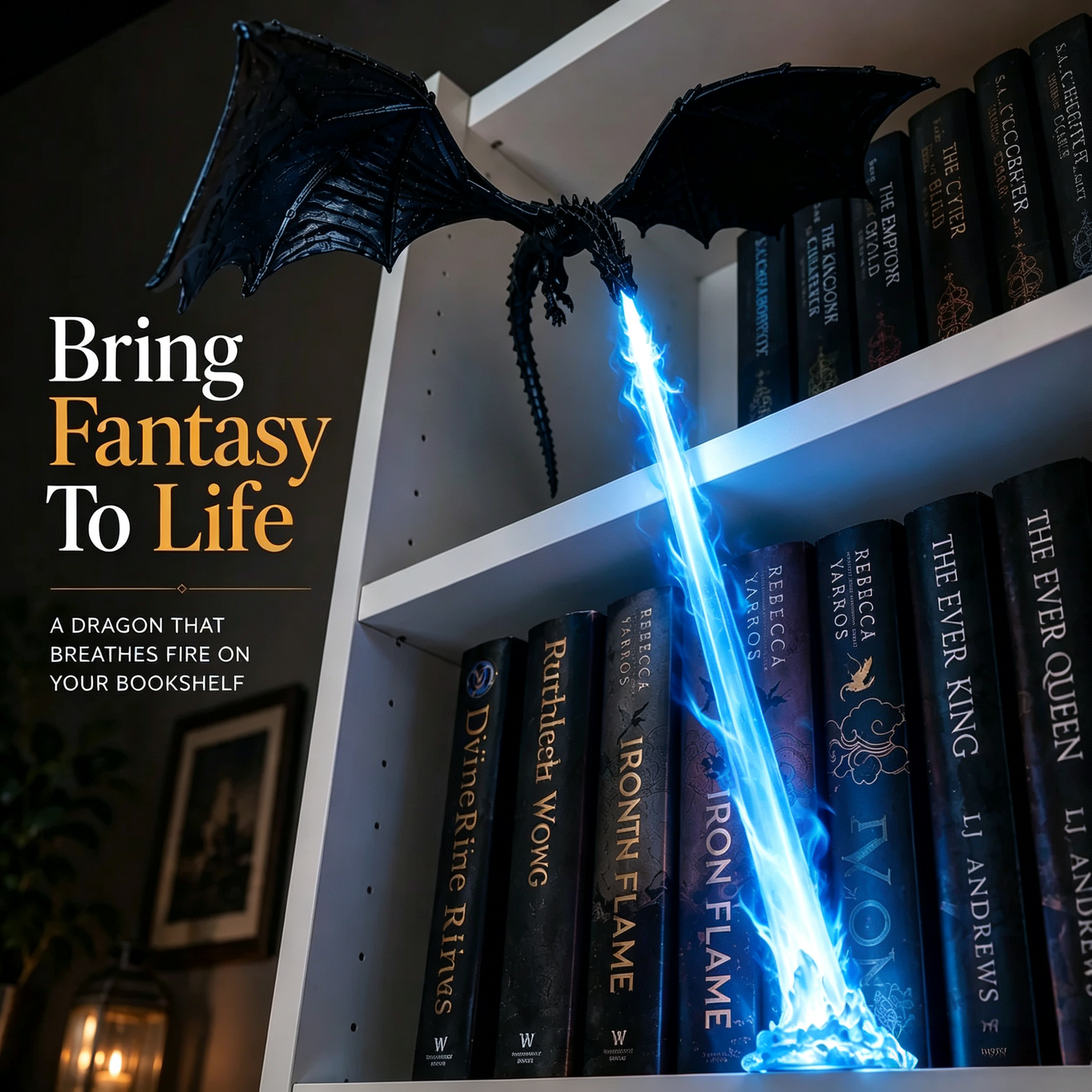 🐉 Feuer speiende Drachen-Regaldekoration-Lampe + LED-Flammenbeleuchtungsset