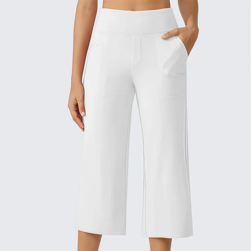 Damen-Hose mit hoher Taille, aus Stretchstoff und in verkürzter Länge