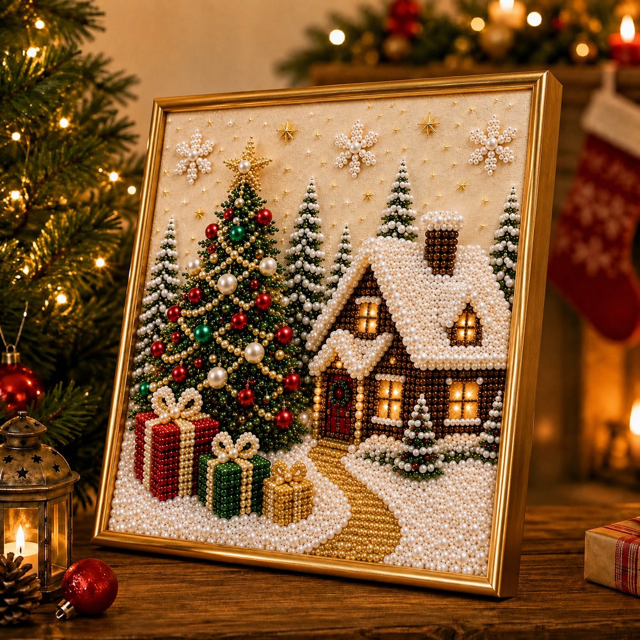 🎄🎅 Premium-3D-Weihnachtswandbild-Bastelset mit Perlen | Luxuriöse, beflockte Leinwand mit kratzfesten, lichtbeständigen Perlen – DIY-Weihnachtsdekoration ⛄️❄️