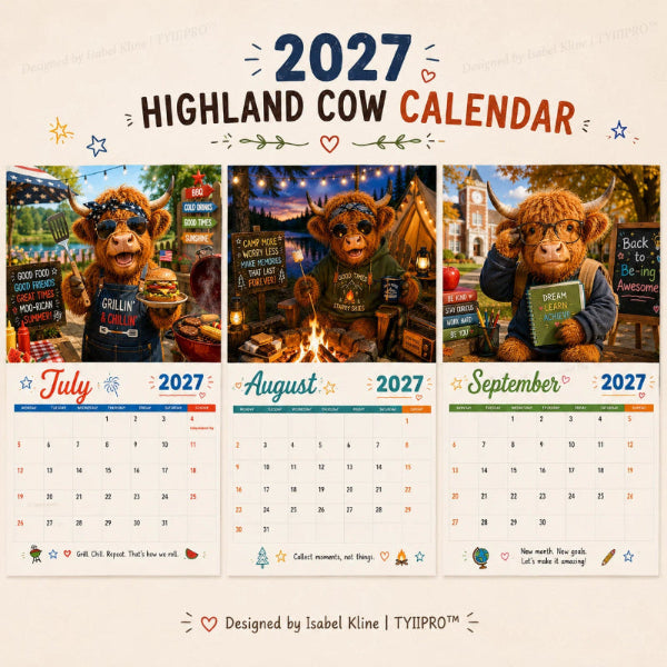 2027 Lustiger Wandkalender mit Hochlandkühen im A4-Format