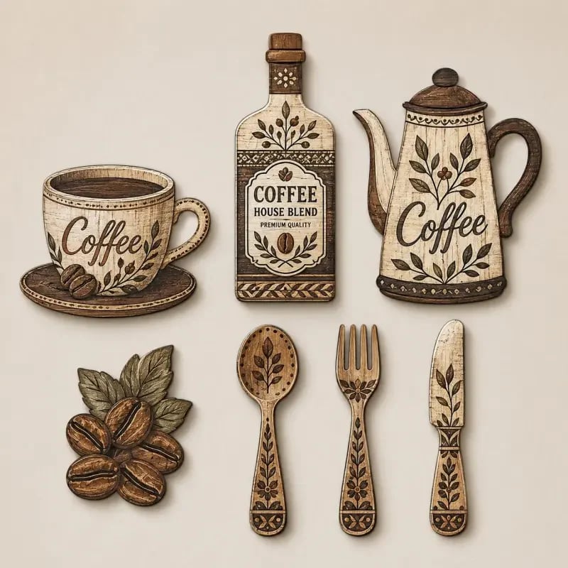 ☕ 7-teiliges Wanddekor-Set aus Holz zum Thema Kaffee für die Küche – Wandkunst im Vintage-Farmhouse-Stil zum Thema Kaffee
