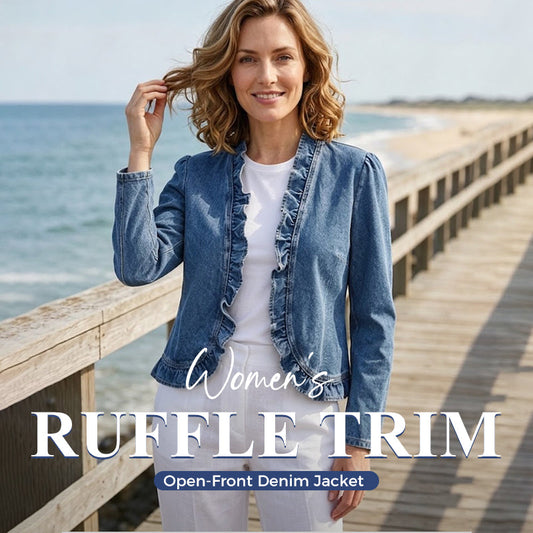 🧥 NUR FÜR BEGRENZTE ZEIT: 50 % RABATT! ✨ Damen-Jeansjacke – vorne offen, mit Rüschenbesatz, leicht, klassische Waschung ✨