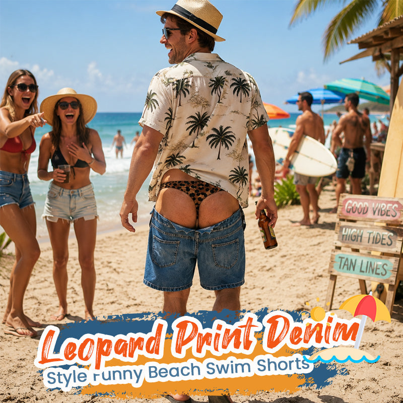 Lustige Badeshorts aus Kunstdenim mit Leopardenmuster | Ausgefallene Badeshorts mit optischer Täuschung