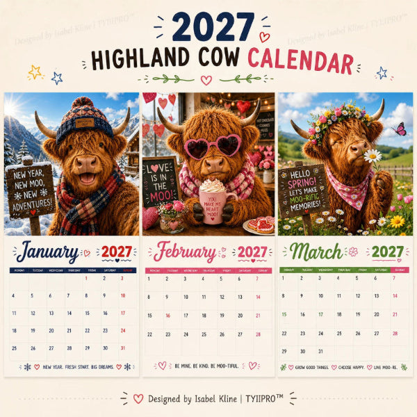 2027 Lustiger Wandkalender mit Hochlandkühen im A4-Format