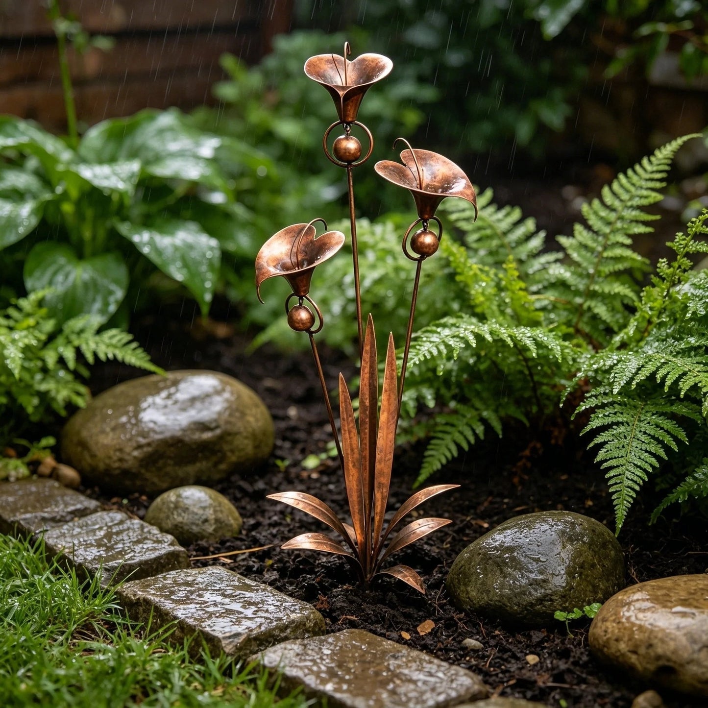 🏡Gartenstecker aus geflammtem Kupfer mit drei Calla-Lilien und Glöckchen