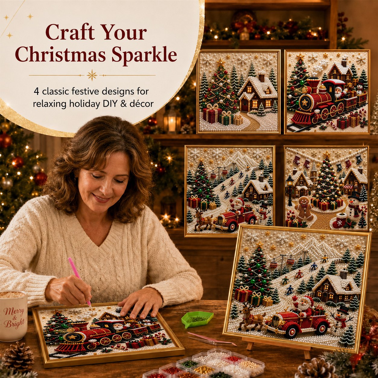 🎄🎅 Premium-3D-Weihnachtswandbild-Bastelset mit Perlen | Luxuriöse, beflockte Leinwand mit kratzfesten, lichtbeständigen Perlen – DIY-Weihnachtsdekoration ⛄️❄️