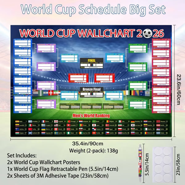 🗓️ ⚽ Poster-Set zur Weltmeisterschaft 2026 – Verpassen Sie kein einziges Spiel! Poster zur Gruppenphase und zur K.o.-Runde (59,9 cm x 89,9 cm), inklusive Filzstift und Klebestreifen