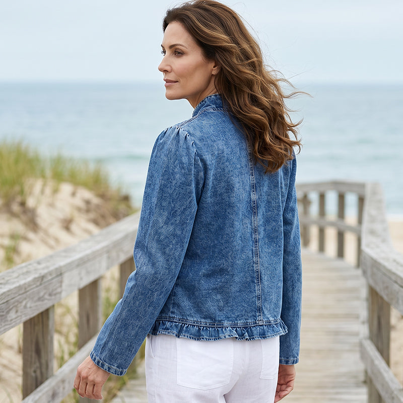 🧥 NUR FÜR BEGRENZTE ZEIT: 50 % RABATT! ✨ Damen-Jeansjacke – vorne offen, mit Rüschenbesatz, leicht, klassische Waschung ✨
