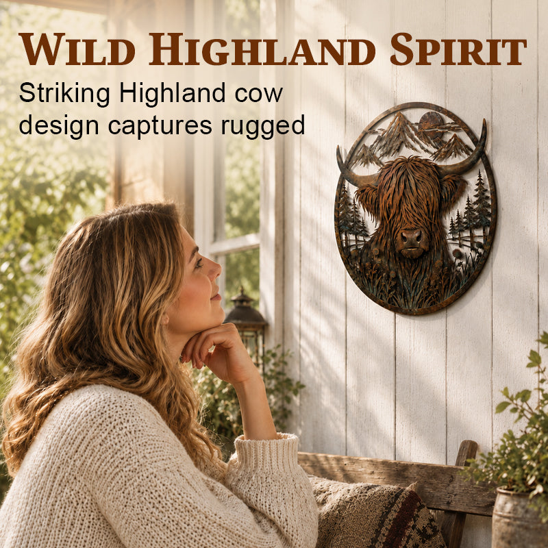 🐂Metallwandbild „Highland-Kuh in den Bergen“🏔️