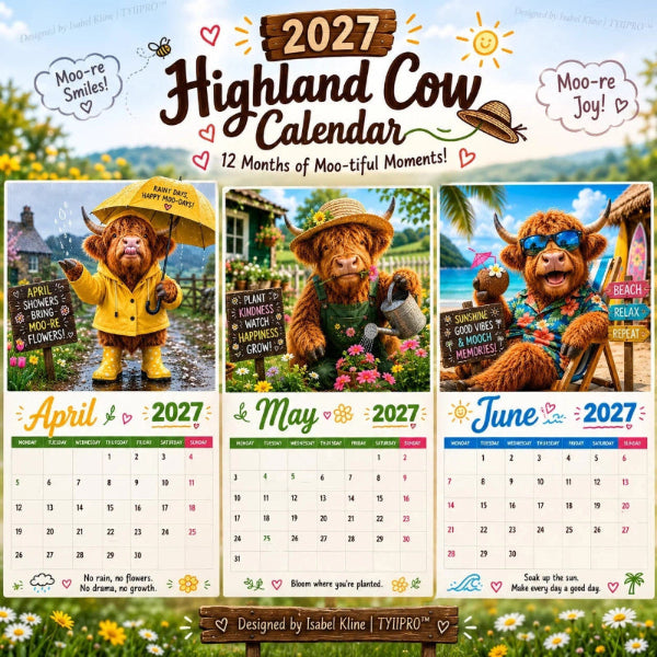2027 Lustiger Wandkalender mit Hochlandkühen im A4-Format