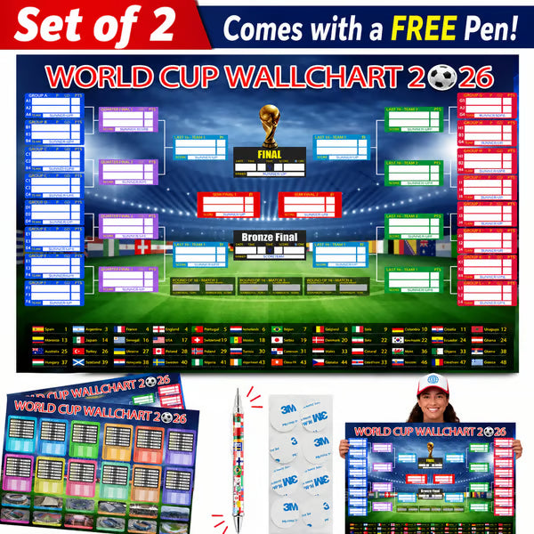 🗓️ ⚽ Poster-Set zur Weltmeisterschaft 2026 – Verpassen Sie kein einziges Spiel! Poster zur Gruppenphase und zur K.o.-Runde (59,9 cm x 89,9 cm), inklusive Filzstift und Klebestreifen