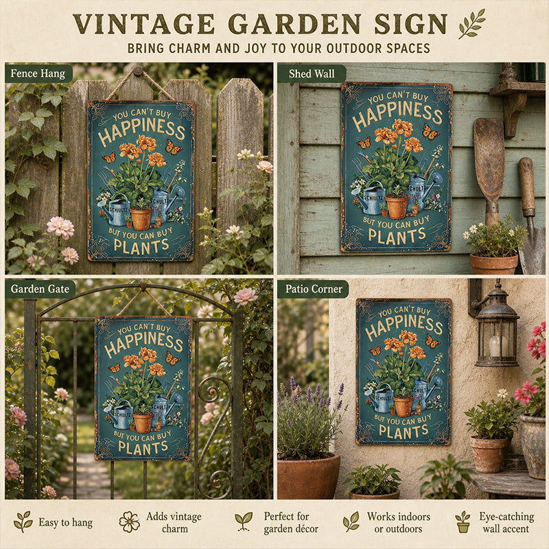 Vintage-Metallschild für den Garten mit der Aufschrift „Glück kann man nicht kaufen, aber Pflanzen schon“