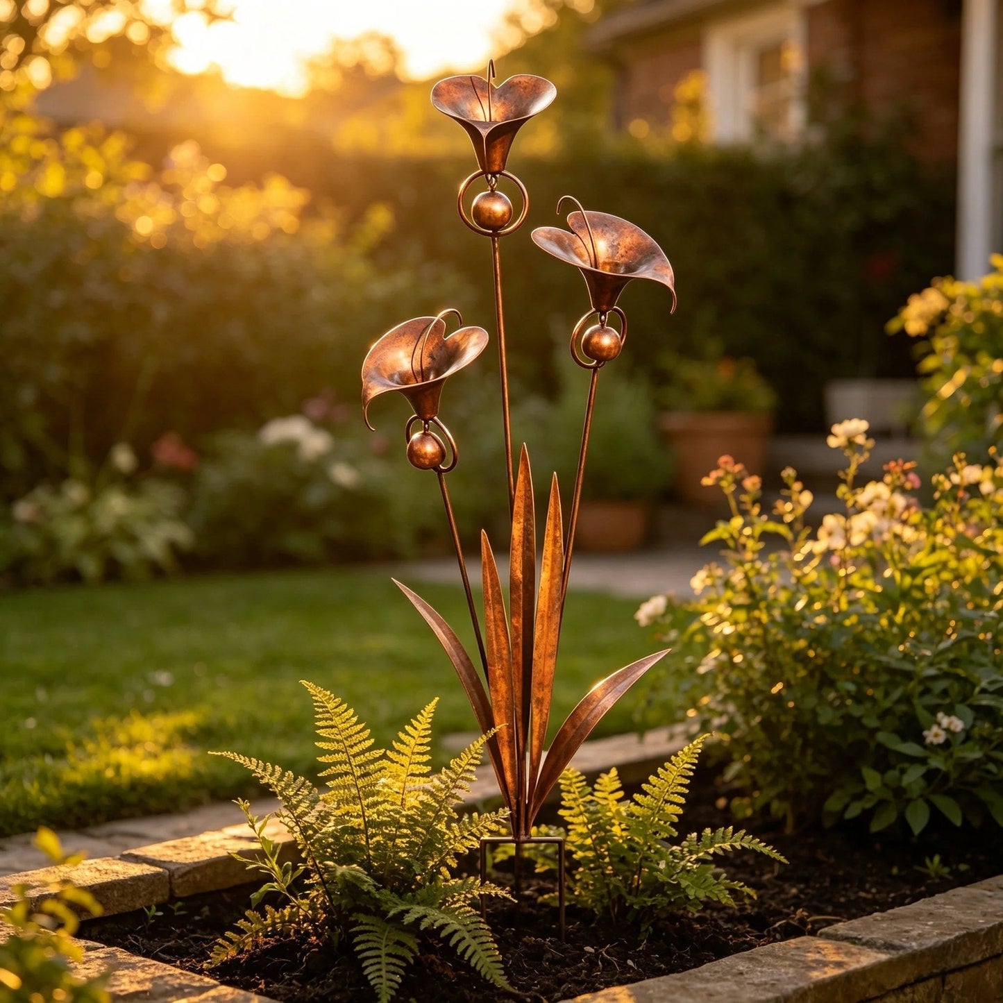 🏡Gartenstecker aus geflammtem Kupfer mit drei Calla-Lilien und Glöckchen