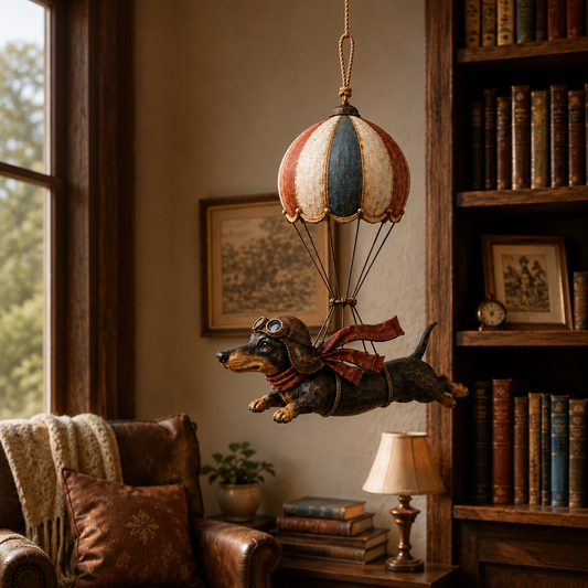 Dekoration mit einem fliegenden Dackel im Vintage-Stil im Heißluftballon