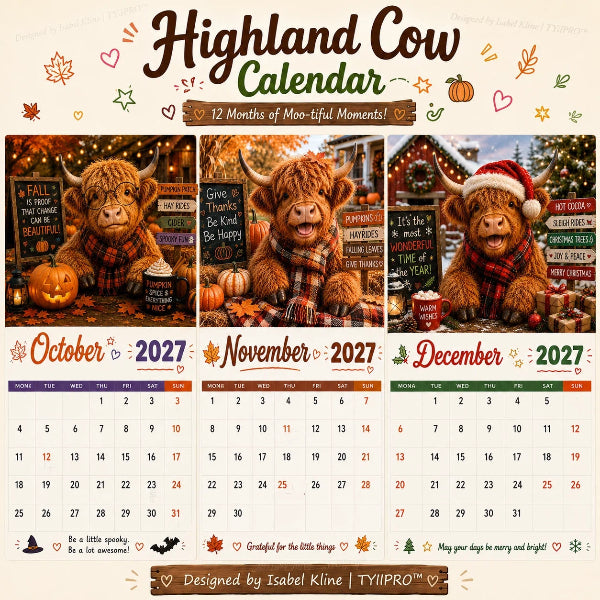 2027 Lustiger Wandkalender mit Hochlandkühen im A4-Format