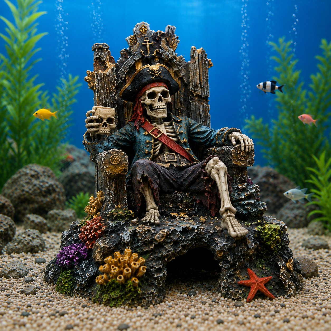 🌊☠️Unterwasser-Piraten-Skelett-Thron – Aquarium-Versteckhöhle als Dekoration