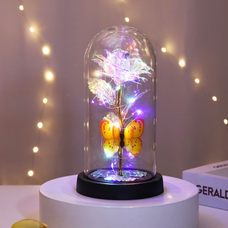 🔥Letzter Tag 50 % Rabatt – 🌹Ewige Schmetterlingsrose in Glasglocke mit LED-Beleuchtung✨