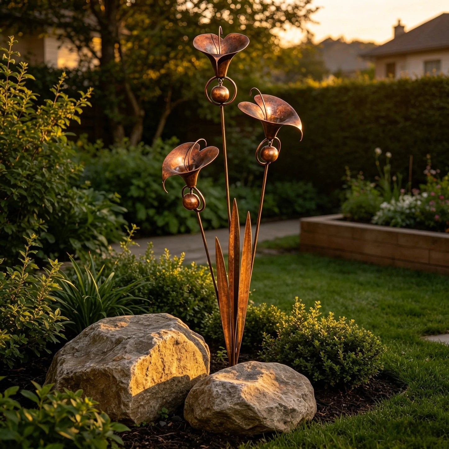 🏡Gartenstecker aus geflammtem Kupfer mit drei Calla-Lilien und Glöckchen