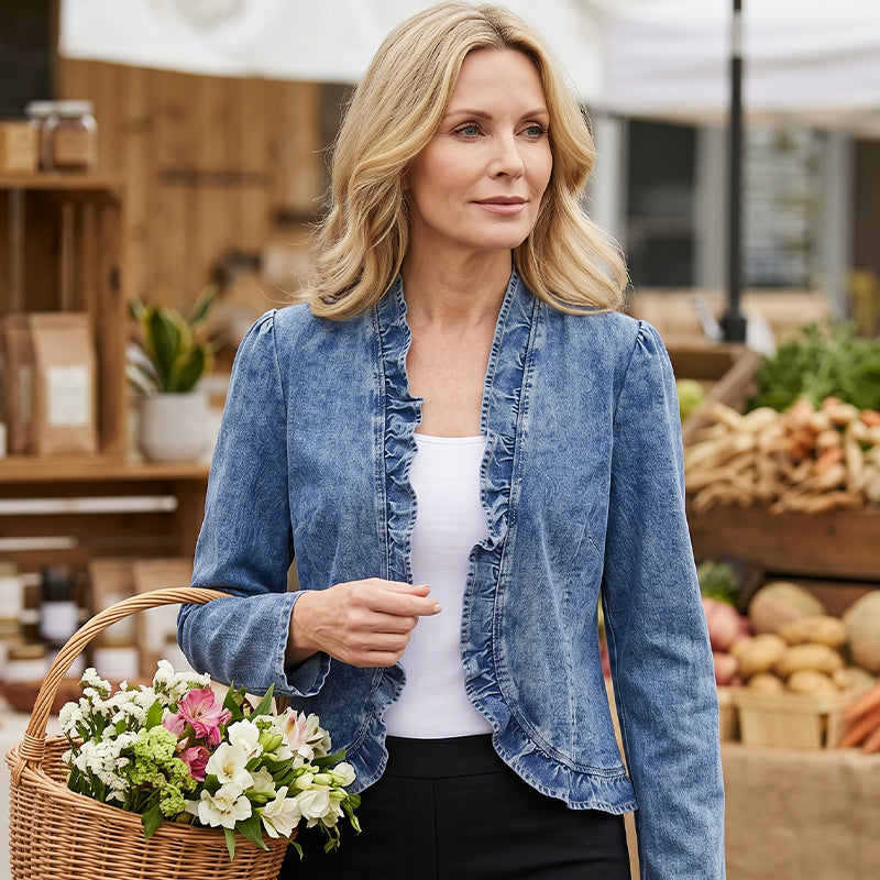 🧥 NUR FÜR BEGRENZTE ZEIT: 50 % RABATT! ✨ Damen-Jeansjacke – vorne offen, mit Rüschenbesatz, leicht, klassische Waschung ✨