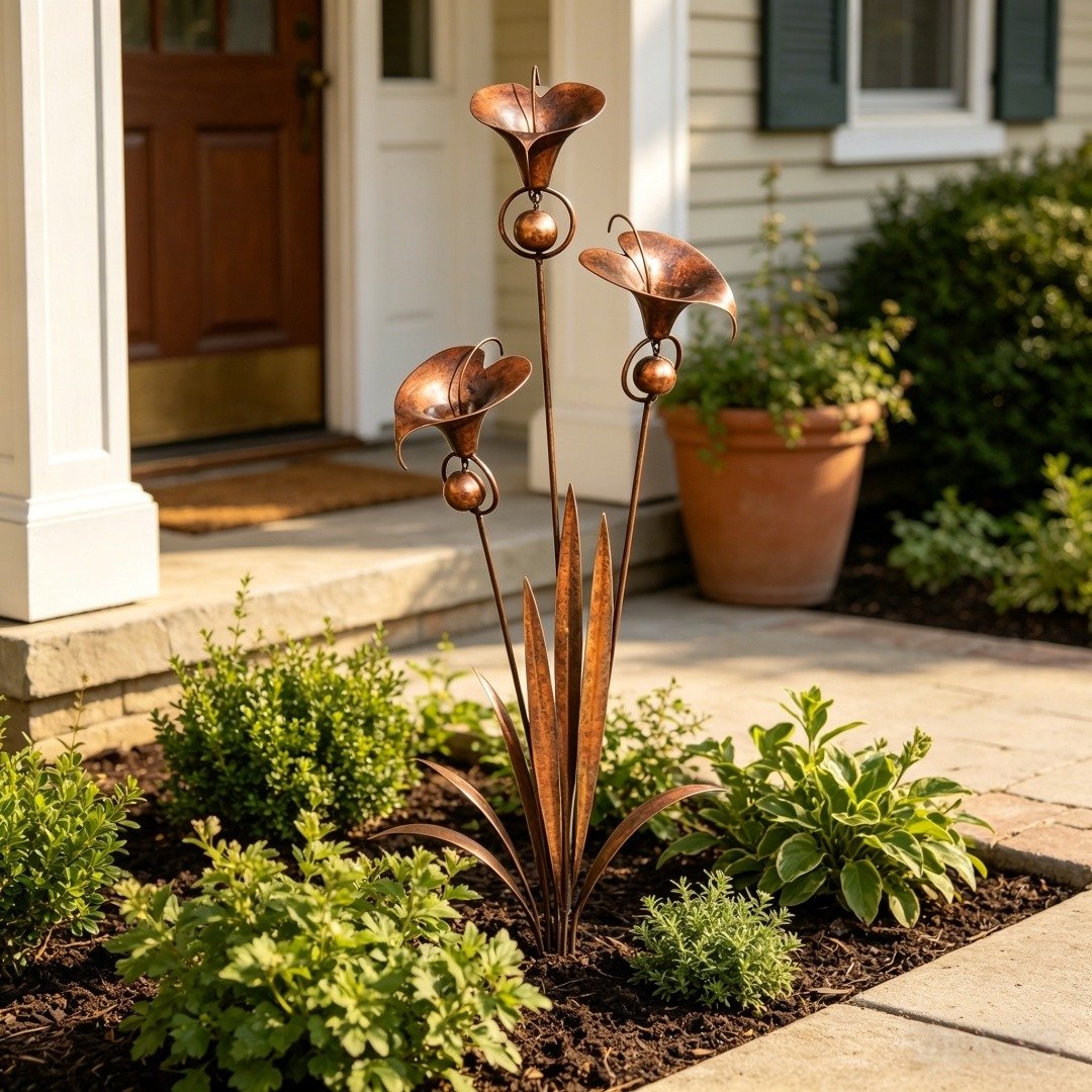 🏡Gartenstecker aus geflammtem Kupfer mit drei Calla-Lilien und Glöckchen