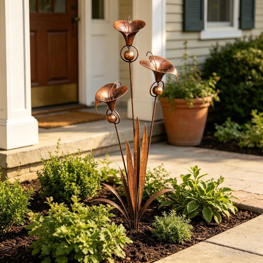 🏡Gartenstecker aus geflammtem Kupfer mit drei Calla-Lilien und Glöckchen