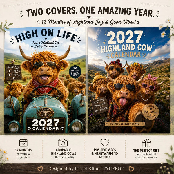 2027 Lustiger Wandkalender mit Hochlandkühen im A4-Format
