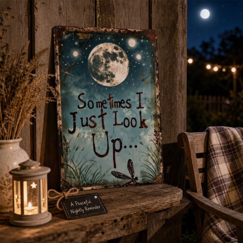 Metallschild „Retro Night Sky“ – „Manchmal schaue ich einfach nach oben…“ – Inspirierende Wanddekoration