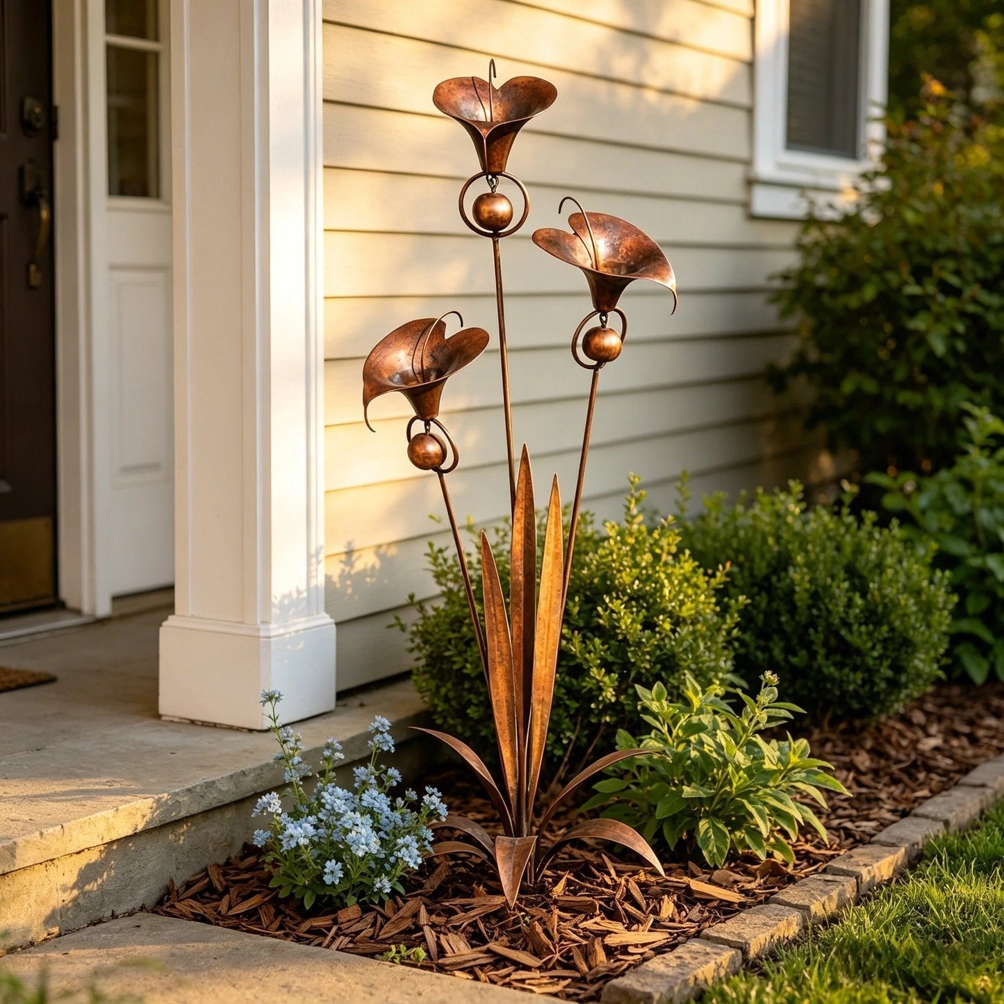 🏡Gartenstecker aus geflammtem Kupfer mit drei Calla-Lilien und Glöckchen