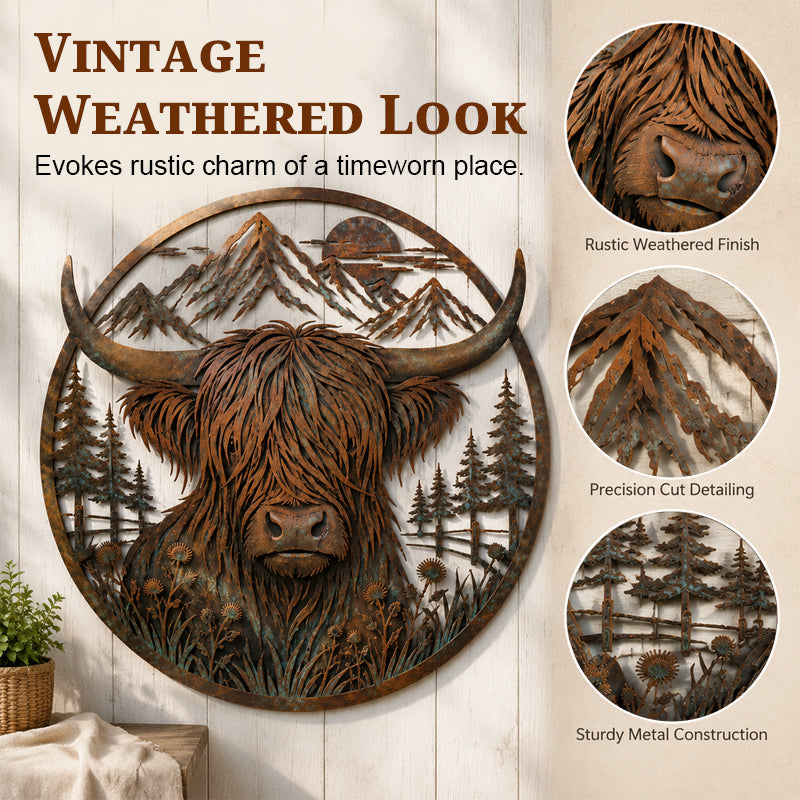 🐂Metallwandbild „Highland-Kuh in den Bergen“🏔️