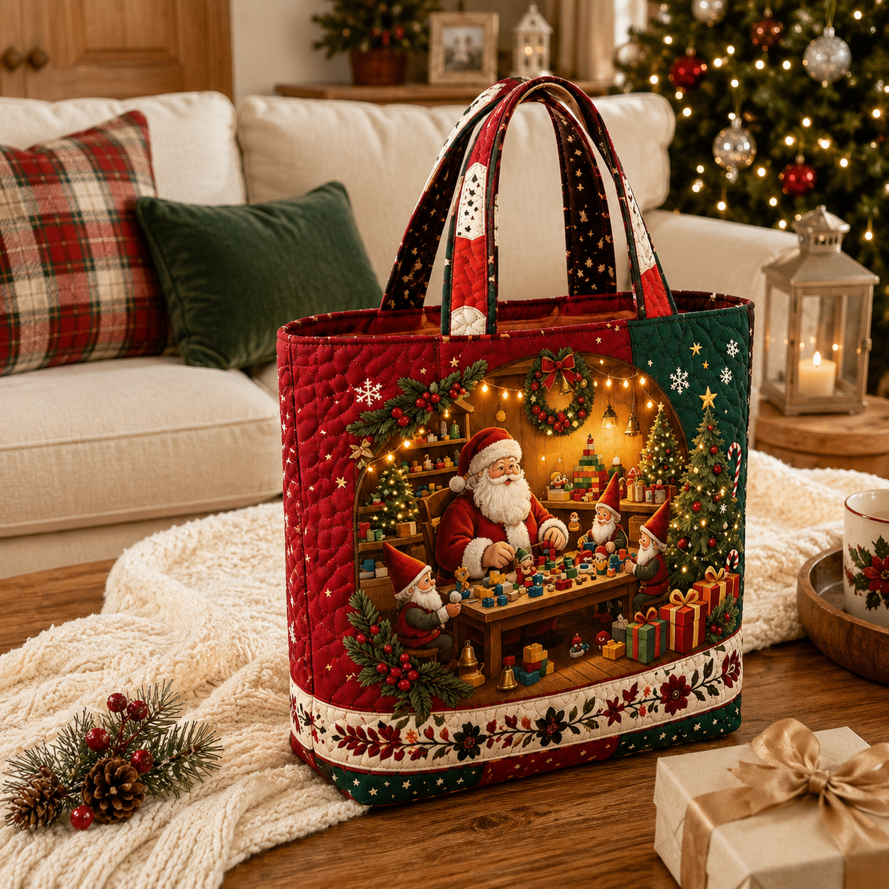 Tragetasche mit Vintage-Weihnachtsmotiv „Santa“ | Festliche, wiederverwendbare Einkaufstasche